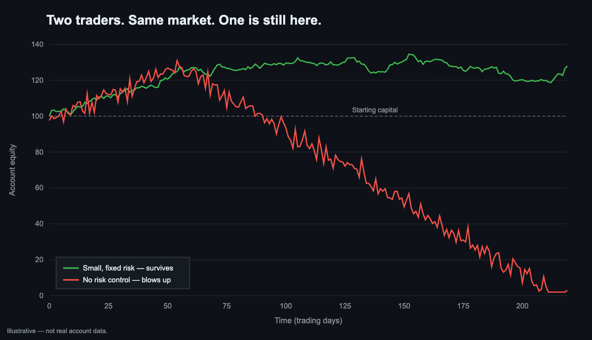 Illustrative equity curves: disciplined account survives, reckless one blows up